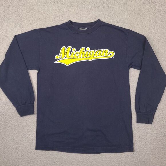 Michigan Wolverines Long Sleeve T Shirt Mens Medium Blue‎ Script Spell Out - Picture 1 of 9